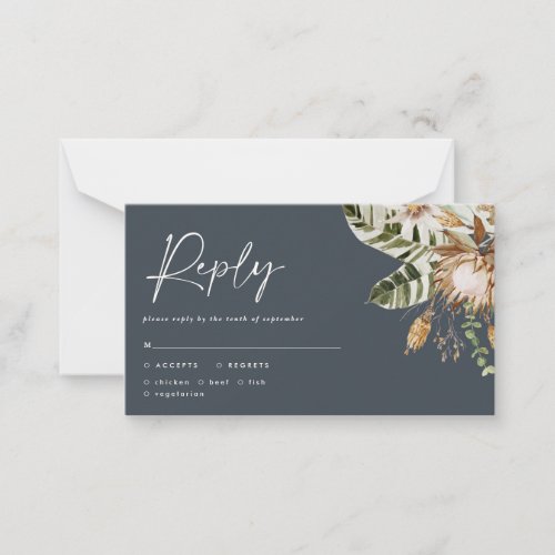 Modern tropical elegant navy blue wedding RSVP Note Card