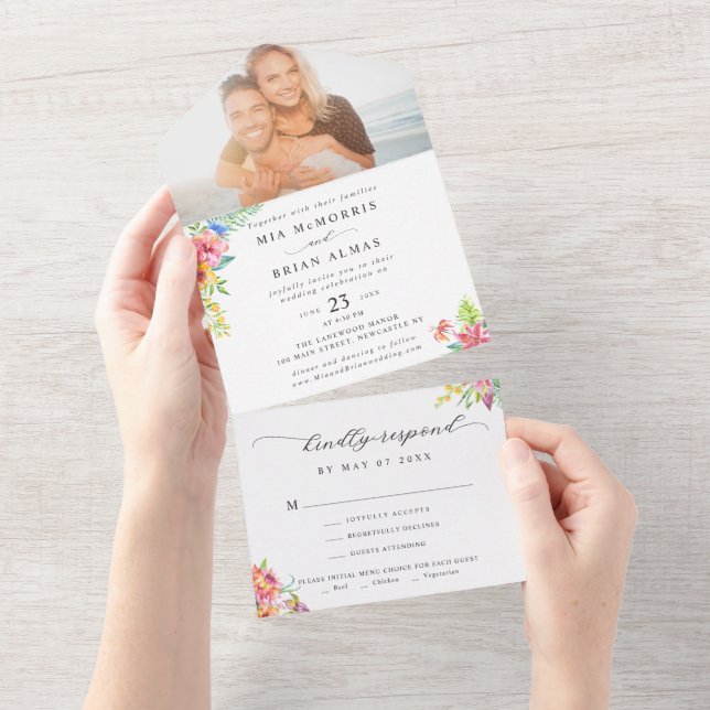 Modern Tropical Elegant Script Photo Wedding All In One Invitation (Tearaway)
