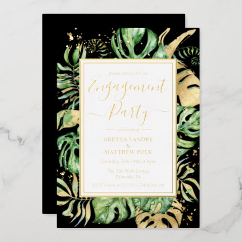 Modern Tropical Engagement Party Black  Gold Foil Invitation