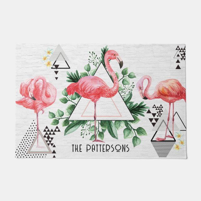Modern Tropical Flamingo Geometric Family Name Doormat (Front)