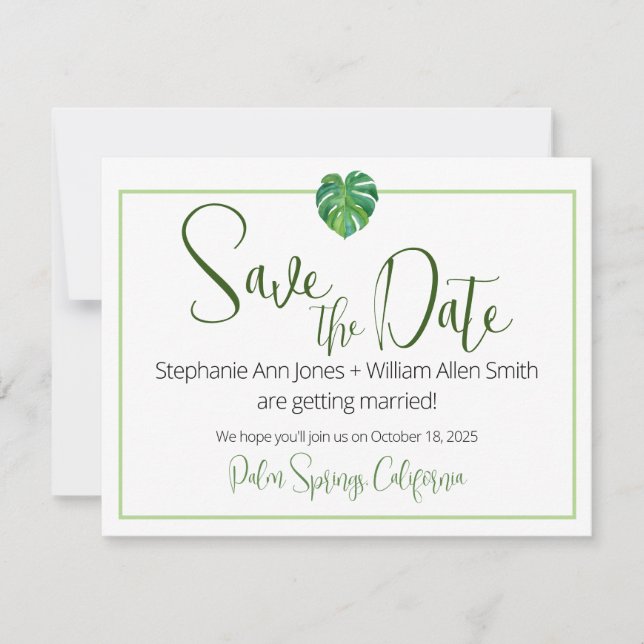 Modern Tropical Flat Save The Date Card (Front)