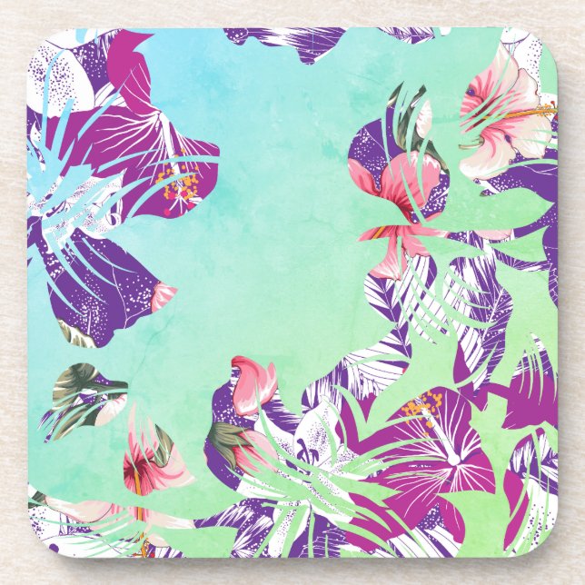 Modern Tropical Floral Collage on Aqua Beverage Coaster (Front)