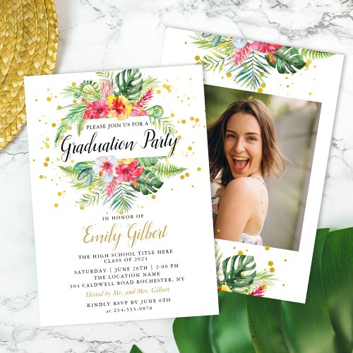 Modern Tropical Floral Foliage Graduation Photo Invitation