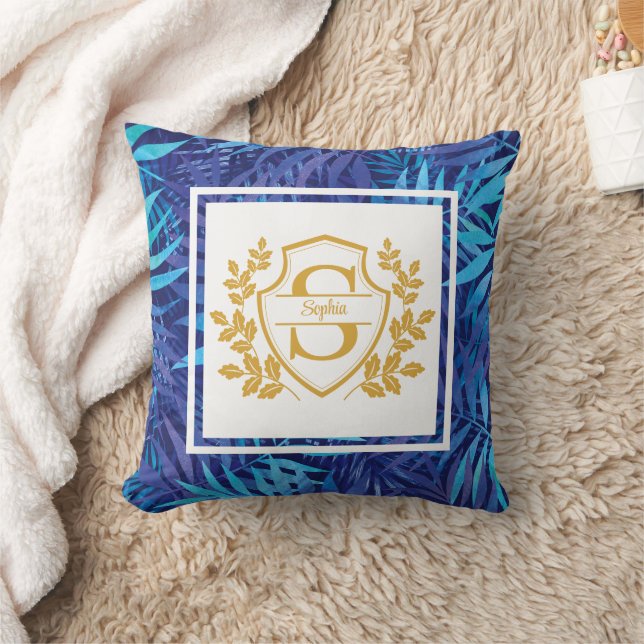 Modern Tropical Floral Gold Crest Initial Monogram Throw Pillow (Blanket)