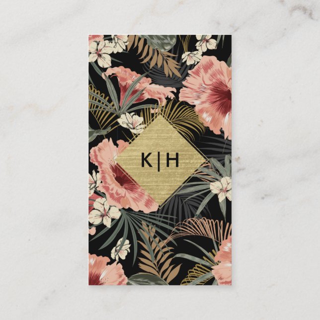 Modern Tropical Floral Gold Foil Monogram Business Card (Back)