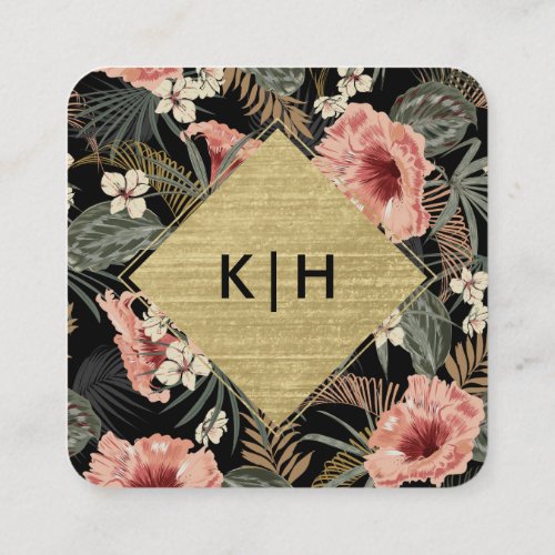 Modern Tropical Floral Gold Foil Monogram Social S Square Business Card