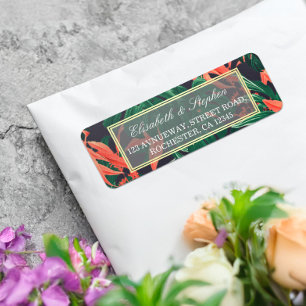 Modern Tropical Floral Gold Frame Hawaiian Wedding Label