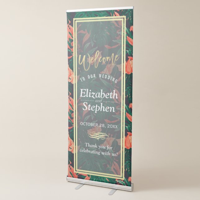 Modern Tropical Floral Gold Frame Wedding Welcome Retractable Banner (3/4)