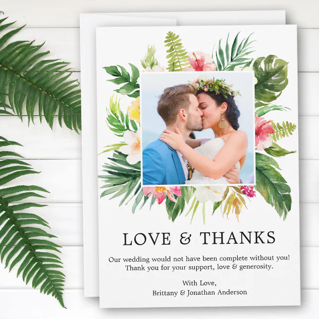 Modern Tropical Floral Love and Thanks Wedding Thank You Card | Zazzle