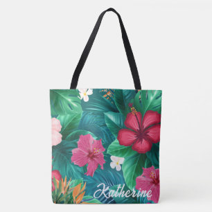 Modern tropical Floral Monogram Beach Tote Bag