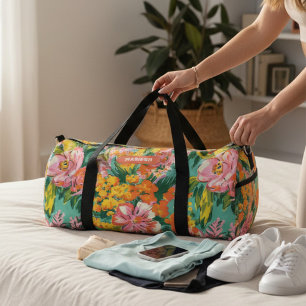 Modern Tropical Floral Pattern Personalized Name Duffle Bag