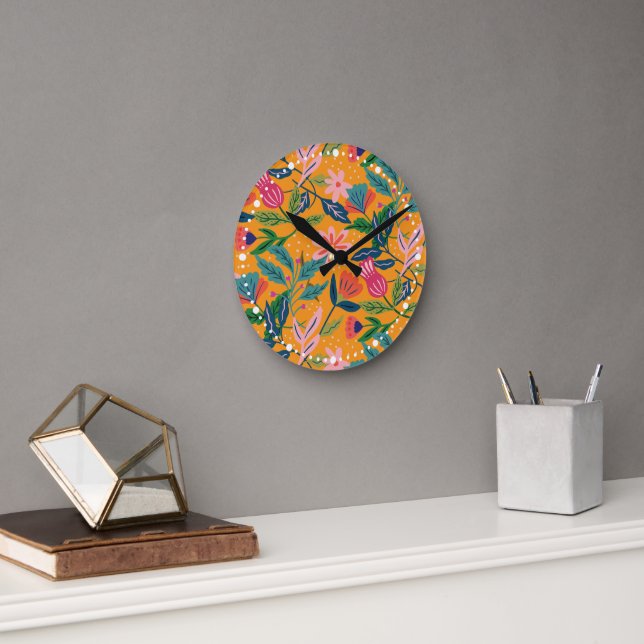 Modern Tropical Floral Pattern Round Clock (Office)