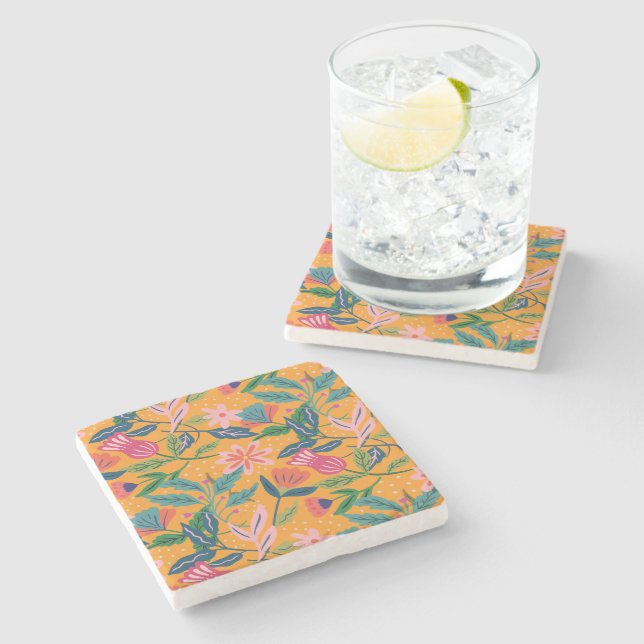 Modern Tropical Floral Pattern Stone Coaster (Side)