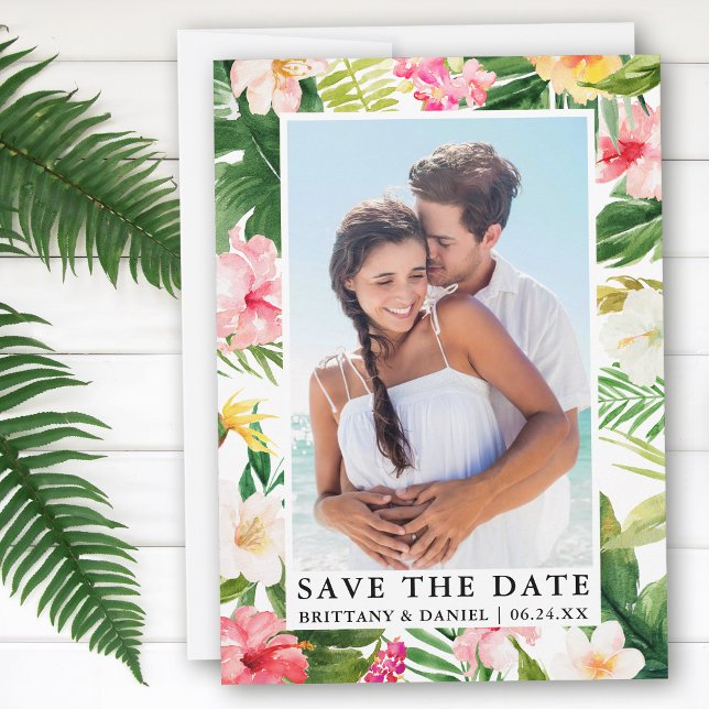 Modern Tropical Floral Photo Save The Date Card (Customize to change text size or text style.)