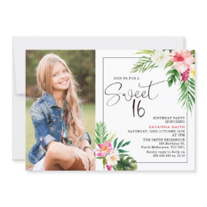 Modern Tropical Floral Photo Sweet 16 Birthday Invitation