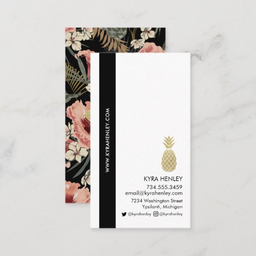 Modern Tropical Floral  Pineapple Pink Black Gold Business Card