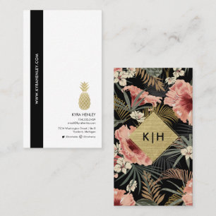 Modern Tropical Floral & Pineapple Pink Black Gold Business Card