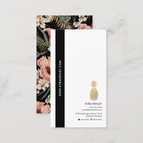 Modern Tropical Floral  Pineapple Pink Black Gold Business Card