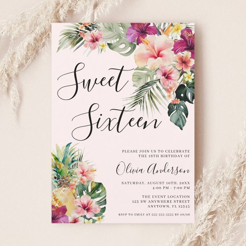 Modern Tropical Floral Sweet 16 Pink Invitation