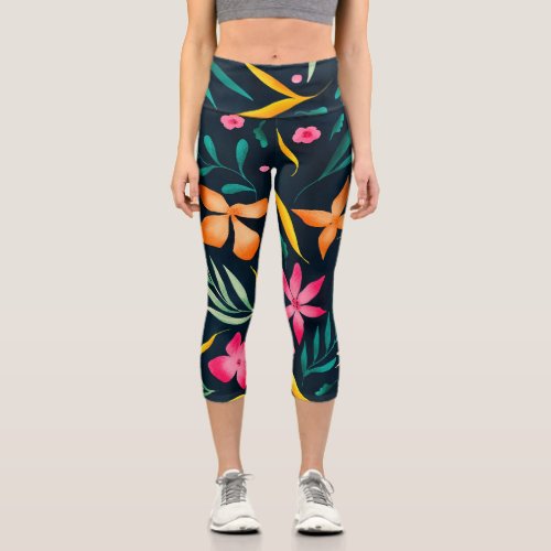 Modern tropical floral watercolor pattern navy capri leggings