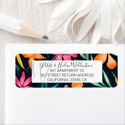 Modern tropical floral watercolor pattern navy label
