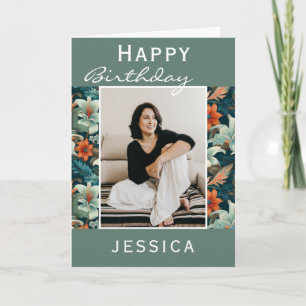 Modern Tropical Flower Leaf Pattern Photo Birthday Card