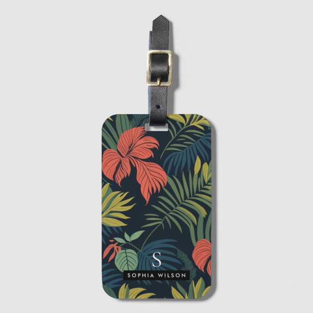 Modern Tropical Flowers Green Leaves Monogram Luggage Tag (Front Vertical)
