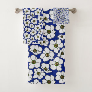 Modern Tropical Flowers On Blue Bath Towel Set