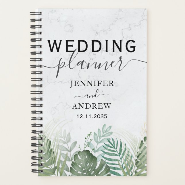 Modern Tropical Foliage Sage Green Wedding Planner (Front)
