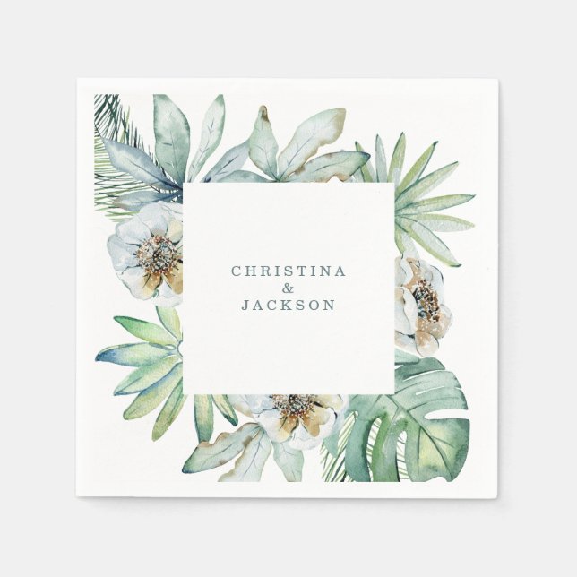 Modern Tropical Foliage Wedding Cocktail Napkins (Front)