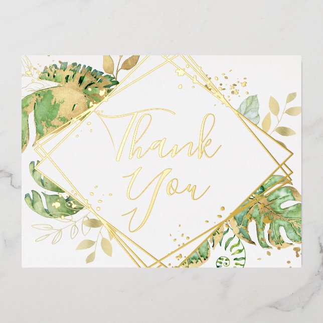 Modern Tropical Foliage Wedding Thank You Foil Invitation Postcard (Front)