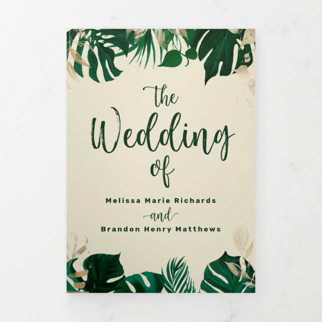 Modern Tropical Foliage with Gold Wedding Ceremony Tri-Fold Program (Cover)