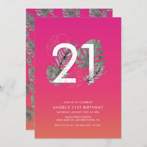 Modern Tropical Fuchsia 21st Birthday   Invitation