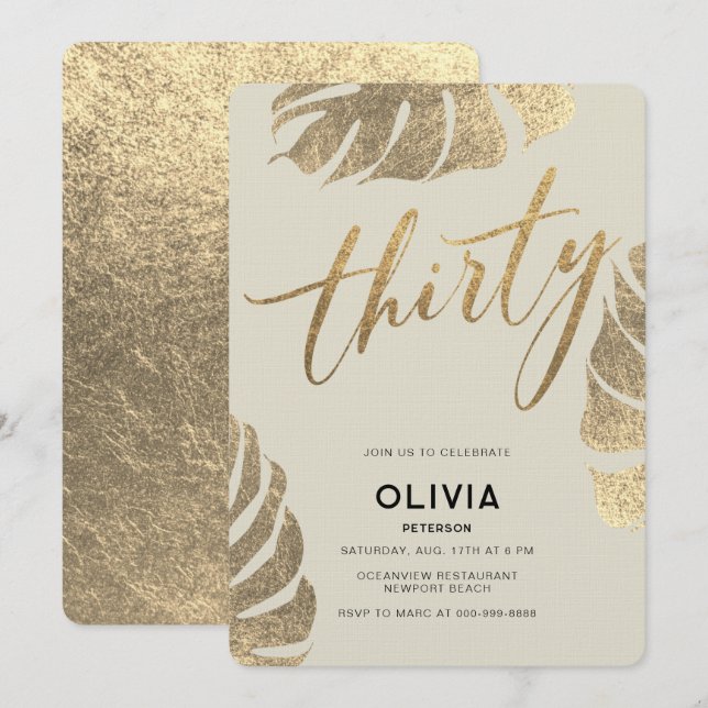 Modern Tropical Gold Elegant Foliage 30th Birthday Invitation (Front/Back)