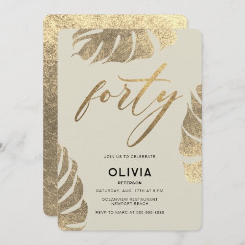 Modern Tropical Gold Elegant Foliage 40th Birthday Invitation