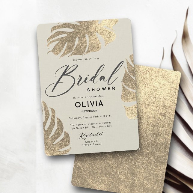 Modern Tropical Gold Elegant Foliage Bridal Shower Invitation (tropical bridal shower invitation gold leaf monstera ecru ivory luxury modern elegant boho)