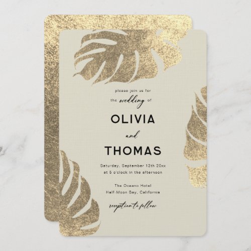 Modern Tropical Gold Elegant Foliage Chic Wedding Invitation