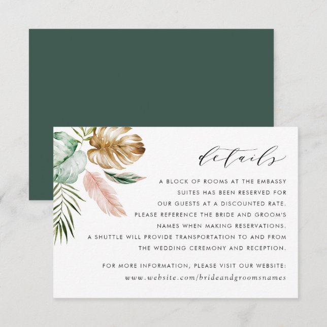 Modern Tropical Gold Palm Greenery Details Card (Front/Back)