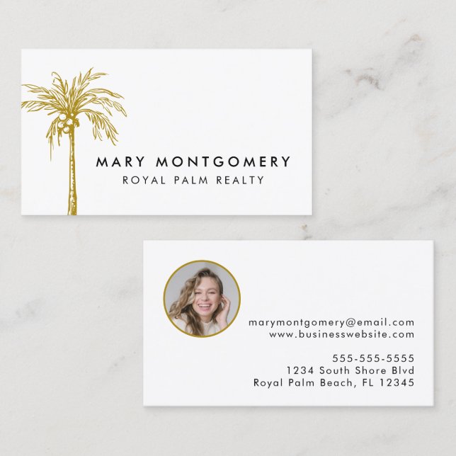 Modern Tropical Gold Palm Tree Professional Photo Business Card (Front/Back)