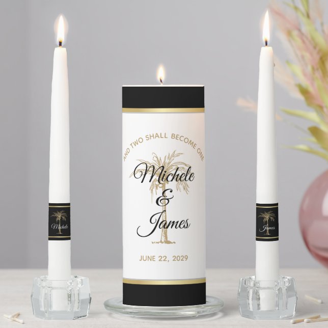 Modern Tropical Gold Palm Tree Wedding Ceremony Unity Candle Set (In Situ)