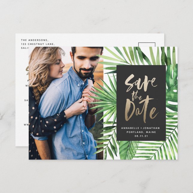 Modern tropical gold script stylish wedding photo invitation postcard (Front/Back)