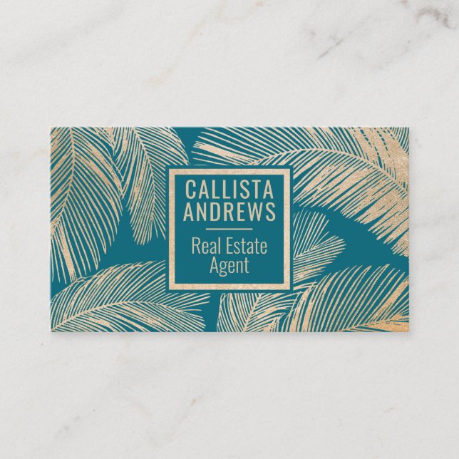 Modern Tropical Gold Teal Blue Palm Tree Leaf Business Card (Front)