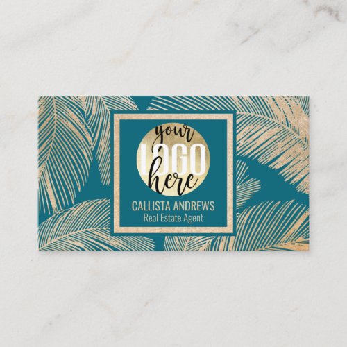 Modern Tropical Gold Teal Blue Palm Tree Leaf Logo Business Card