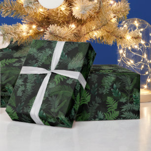 Modern tropical green foliage Black pattern Wrapping Paper