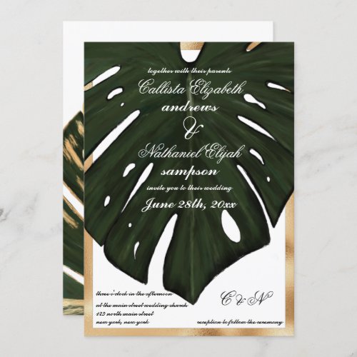 Modern Tropical Green Gold Monstera Leaf Wedding Invitation