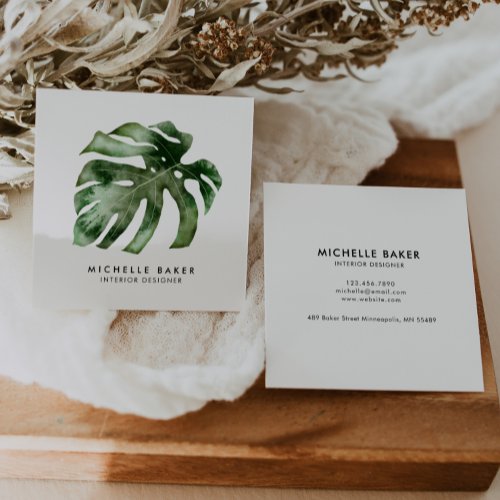 Modern Tropical Green Leaf Watercolor Square Business Card