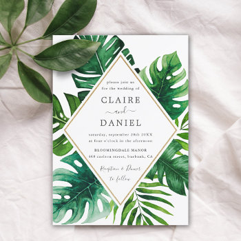 Modern Tropical Green Leaves Wedding Invitation by UnwrappedVisuals at Zazzle