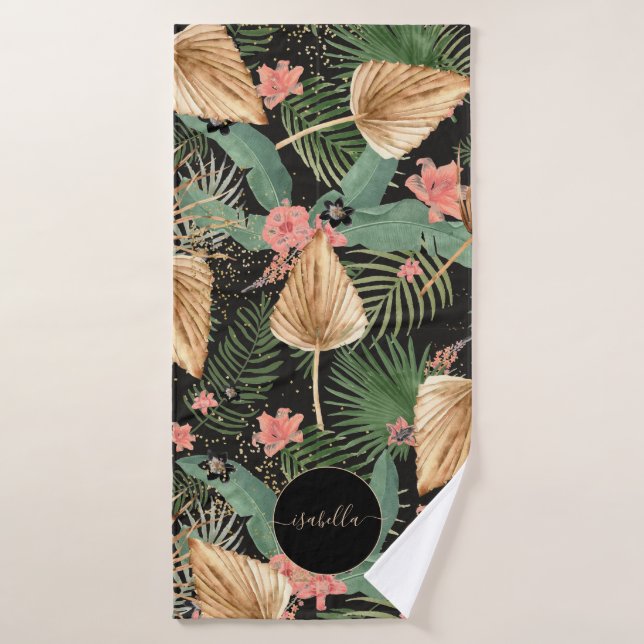 Modern Tropical Green Palm Flowers Monogram Black  Bath Towel Set (Bath Towel)