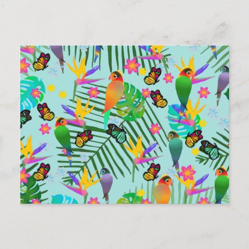 Modern Tropical Green Parrot Palm Leaf  Light Blue Postcard