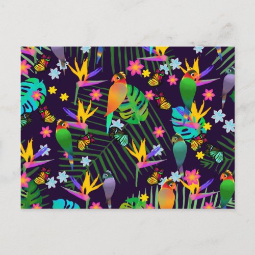 Modern Tropical Green Parrot Palm Leaves Purple Postcard